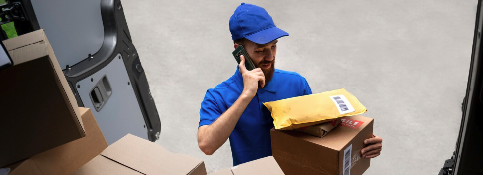 man making delivery on phone